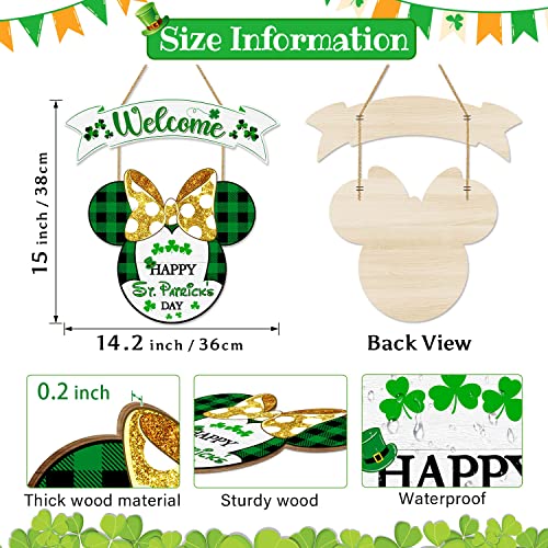 St Patrick's Day Door Sign Decorations Wood Hanging Signs, Mouse Welcome Front Door Decor Shamrock, Wooden Large Size Happy St. Patrick's Day Party Decor, Irish Home Window Wall Yard Signs 2 Panels