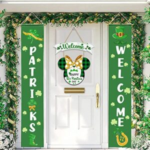 St Patrick's Day Door Sign Decorations Wood Hanging Signs, Mouse Welcome Front Door Decor Shamrock, Wooden Large Size Happy St. Patrick's Day Party Decor, Irish Home Window Wall Yard Signs 2 Panels