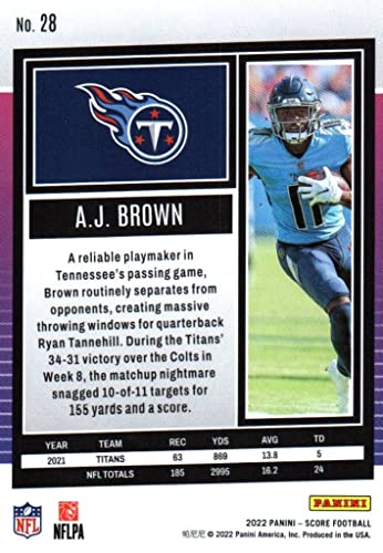 A.J. Brown Score Collectible Football Card- 2022 Panini Score Football Card #28 (Titans) Free Shipping.