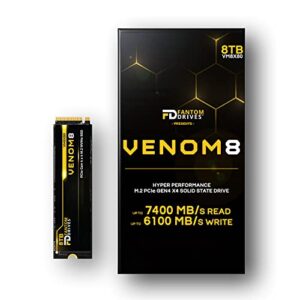 fantom drives venom8 8tb nvme gen 4 m.2 2280 internal ssd for gaming pc & laptops - up to 7400mb/s read speed - 3d nand tlc - ddr4 dram cache - 8tb nvme m.2 (vm8x80)