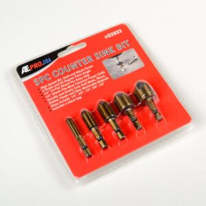 5 pc Countersink Drill Bit Set, 5 Pieces High Speed Steel 82 Degree 5 Flute 6mm Round Shank Mill Cutter Bit Countersink in Sizes 1/4” 3/8” 1/2” 5/8” 3/4” Set with Carrying Case. by ATE Pro. USA