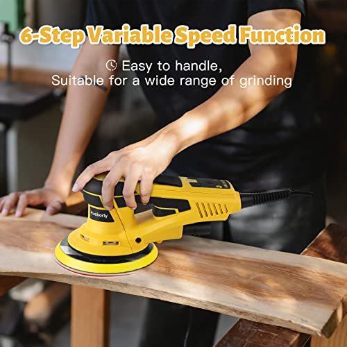 Electric Random Orbital Sander 350W Brushless Motor 3/16 inch Orbit, 110V 6-Inch 10000 RPM Variable Speed Tool for Metal Fabrication, Woodworking Walls and Car Polishing Yellow with Case