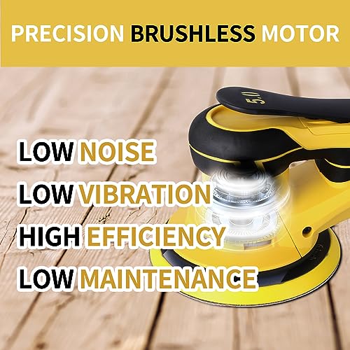 Electric Random Orbital Sander 350W Brushless Motor 3/16 inch Orbit, 110V 6-Inch 10000 RPM Variable Speed Tool for Metal Fabrication, Woodworking Walls and Car Polishing Yellow with Case