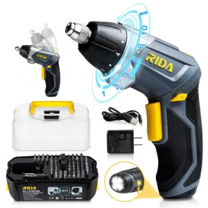 RIDA Cordless Screwdriver 4V Electric Screwdriver Rechargeable Screw Gun Kit w/10+1 Torque & 2 Position Handle, 3 LED work indicator & LED flashlight, 58pcs Accessories and Tool Box New Year presents