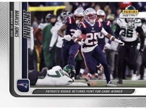2022 panini instant marcus jones #113- patriots rookie returns punt for game winner-11/20/22- rc football trading card- new england patriots- print run of only 318 made! shipped in protective screwdown holder.