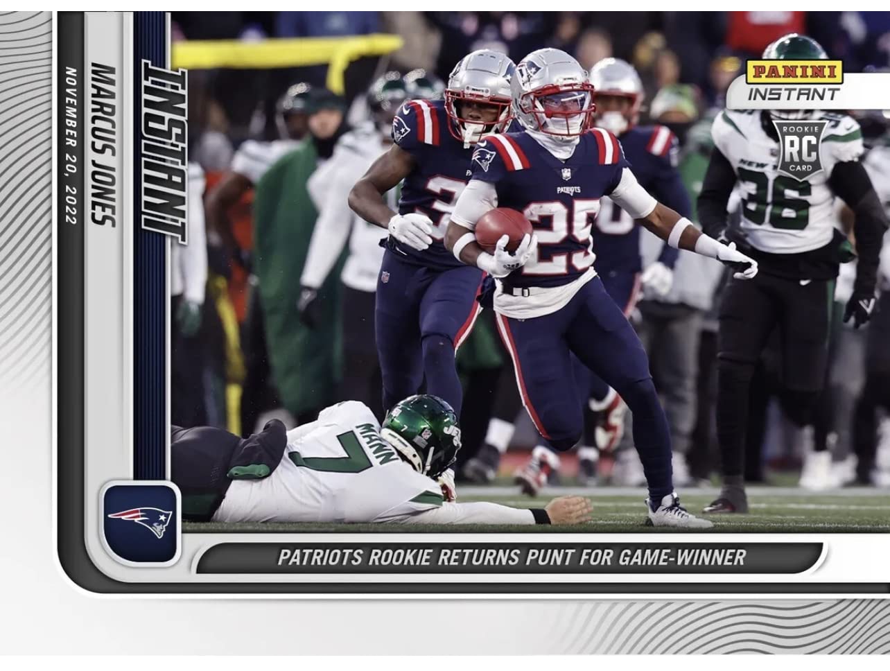 2022 Panini Instant Marcus Jones #113- Patriots Rookie Returns Punt for Game Winner-11/20/22- RC Football Trading Card- New England Patriots- Print Run of Only 318 Made! Shipped in Protective Screwdown Holder.