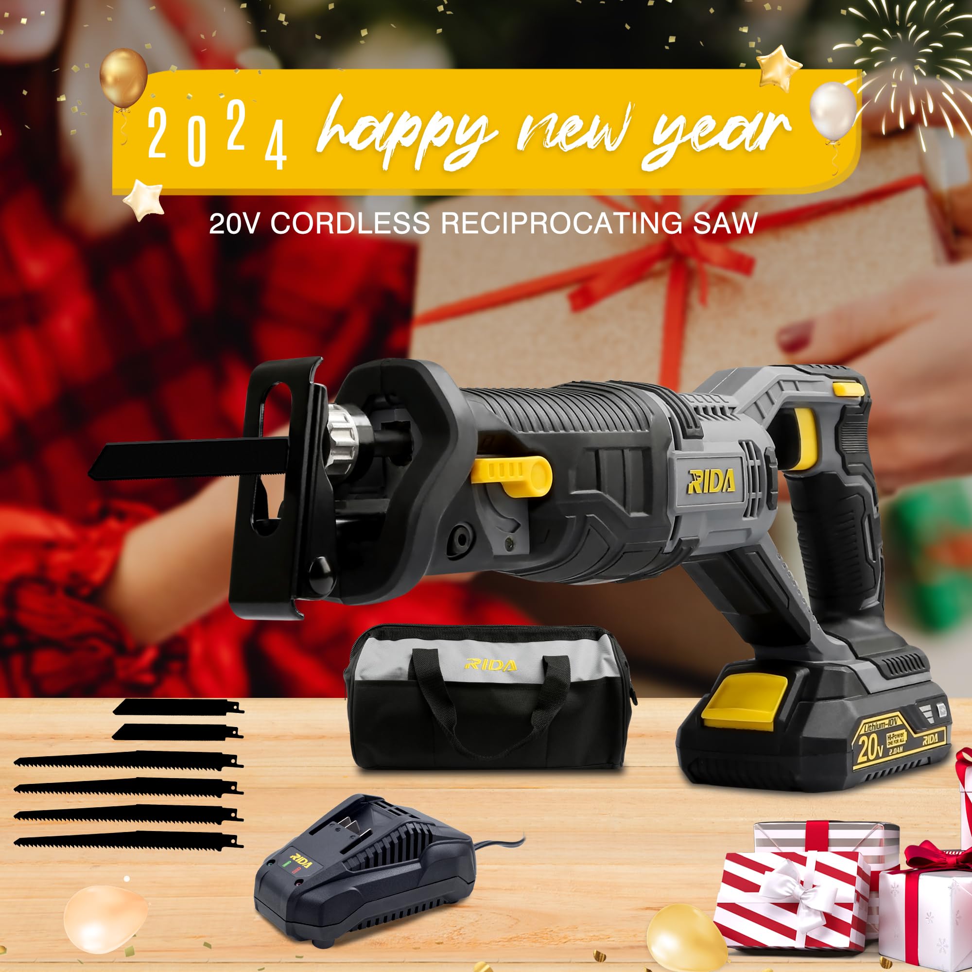 RIDA Cordless Reciprocating Saw 20V w/Battery & Charger, 2 Modes & 0-3000 SPM Variable Speed, Carry Bag, 2 x 6" metal blade & 4 x 11" wood blade for Wood/Metal/PVC Pipe Cutting New Year presents