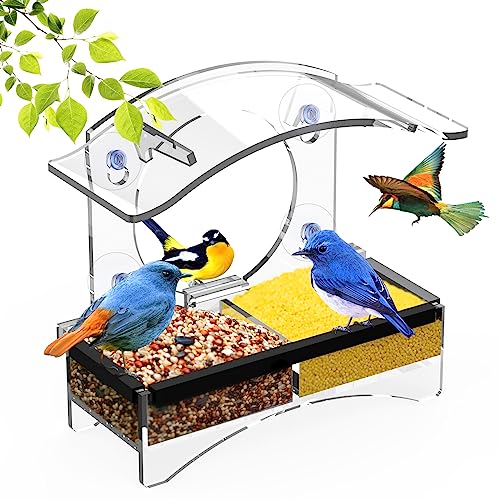 Window Bird Feeders for Outside with Strong Suction Cups Home Bird Feeder, Transparent Bird House Cat Kids and Elderly Viewing Bird Feeder for Window Perch (Polyurethane)