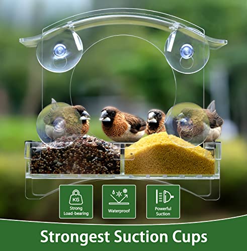 Window Bird Feeders for Outside with Strong Suction Cups Home Bird Feeder, Transparent Bird House Cat Kids and Elderly Viewing Bird Feeder for Window Perch (Polyurethane)