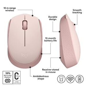 Logitech M170 Wireless Mouse for PC, Mac, Laptop, 2.4 GHz with USB Mini Receiver, Optical Tracking, 12-Months Battery Life, Ambidextrous - Rose