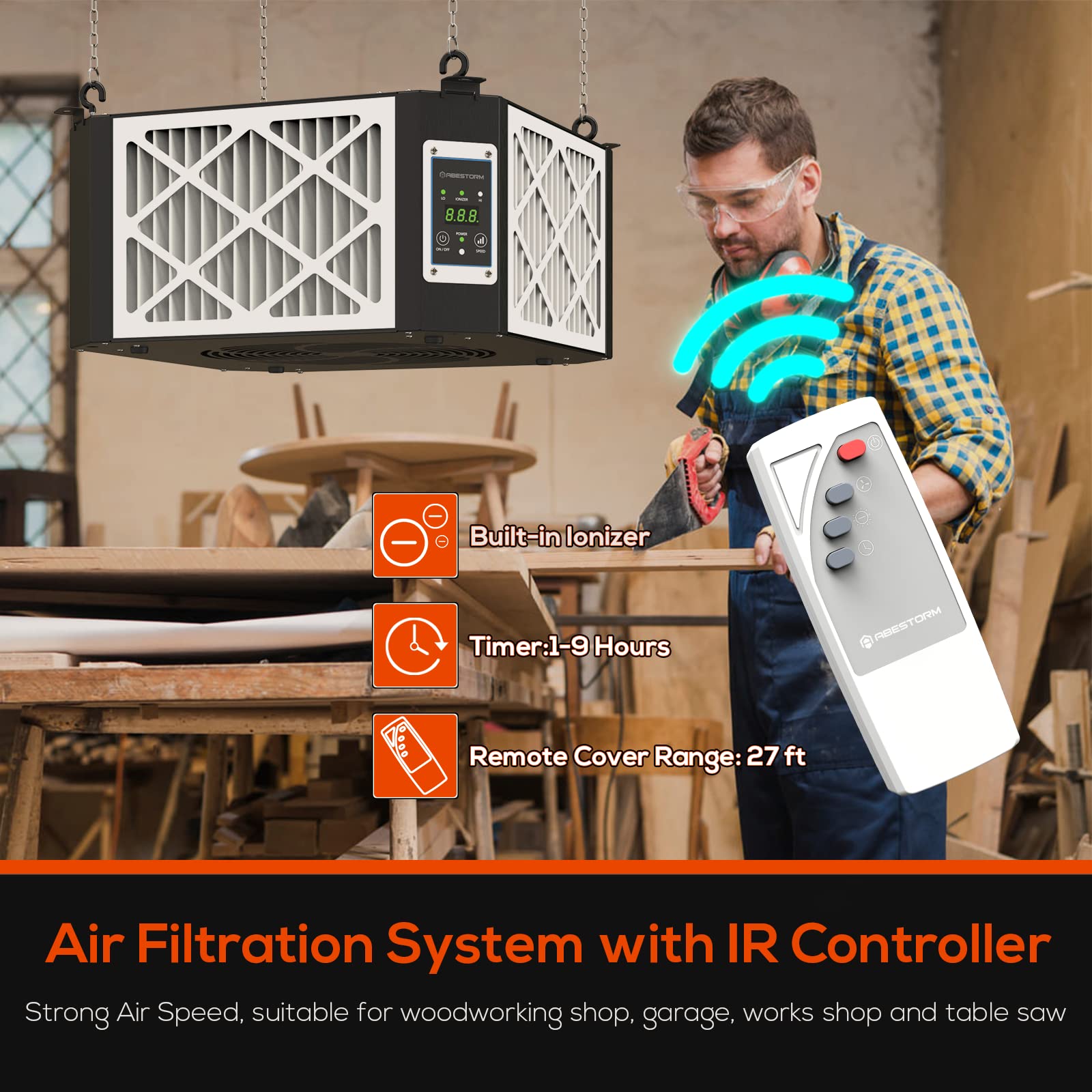 ABESTORM 360 Degree Intake Air Filtration System Woodworking, 1350CFM Hanging Air Filter with Strong Vortex Fan, Shop Dust Collector for Woodworking, Garage Work Shop, Built-in Ionizer, DecDust 1350IG