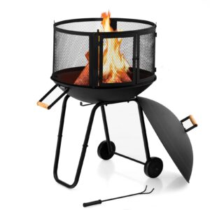 giantex 28" portable fire pit on wheels, outdoor mobile wood burning firepit w/log grate, fire poker, heavy-duty steel frame & solid metal top, 2-door gate, rolling fire pits for entertaining camping