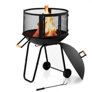 Giantex 28" Portable Fire Pit on Wheels, Outdoor Mobile Wood Burning Firepit w/Log Grate, Fire Poker, Heavy-Duty Steel Frame & Solid Metal Top, 2-Door Gate, Rolling Fire Pits for Entertaining Camping