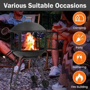 Giantex 28" Portable Fire Pit on Wheels, Outdoor Mobile Wood Burning Firepit w/Log Grate, Fire Poker, Heavy-Duty Steel Frame & Solid Metal Top, 2-Door Gate, Rolling Fire Pits for Entertaining Camping