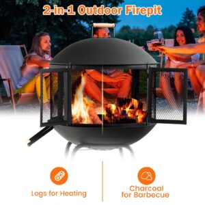 Giantex 28" Portable Fire Pit on Wheels, Outdoor Mobile Wood Burning Firepit w/Log Grate, Fire Poker, Heavy-Duty Steel Frame & Solid Metal Top, 2-Door Gate, Rolling Fire Pits for Entertaining Camping
