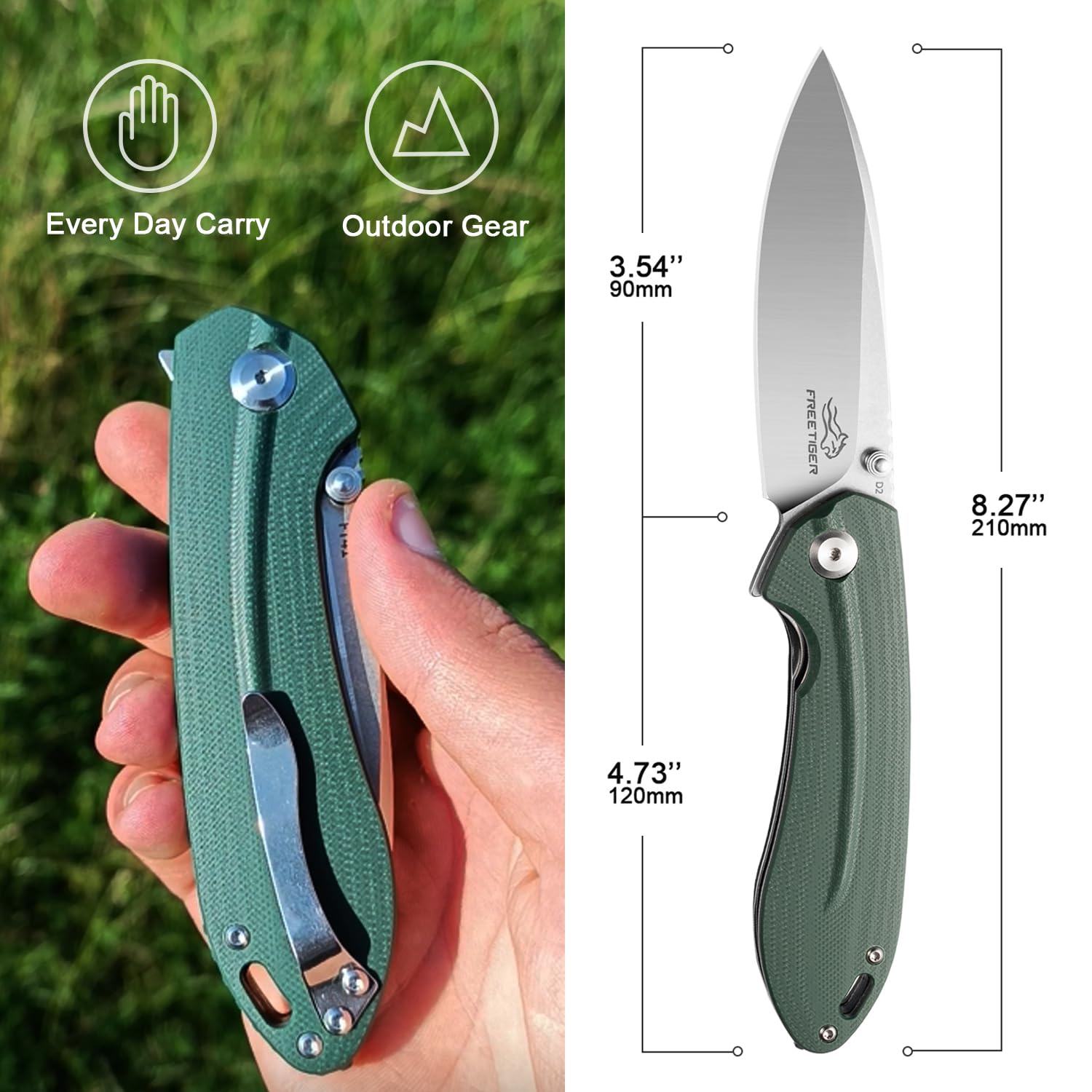 D2 Pocket Knife for Men, 3.54 inch Small Folding Knife with Clip, G10 Handle, Flip Knife with Safety Liner Lock, Sharp Pocket Knives for Camping Survival Hking and Gift (Green)