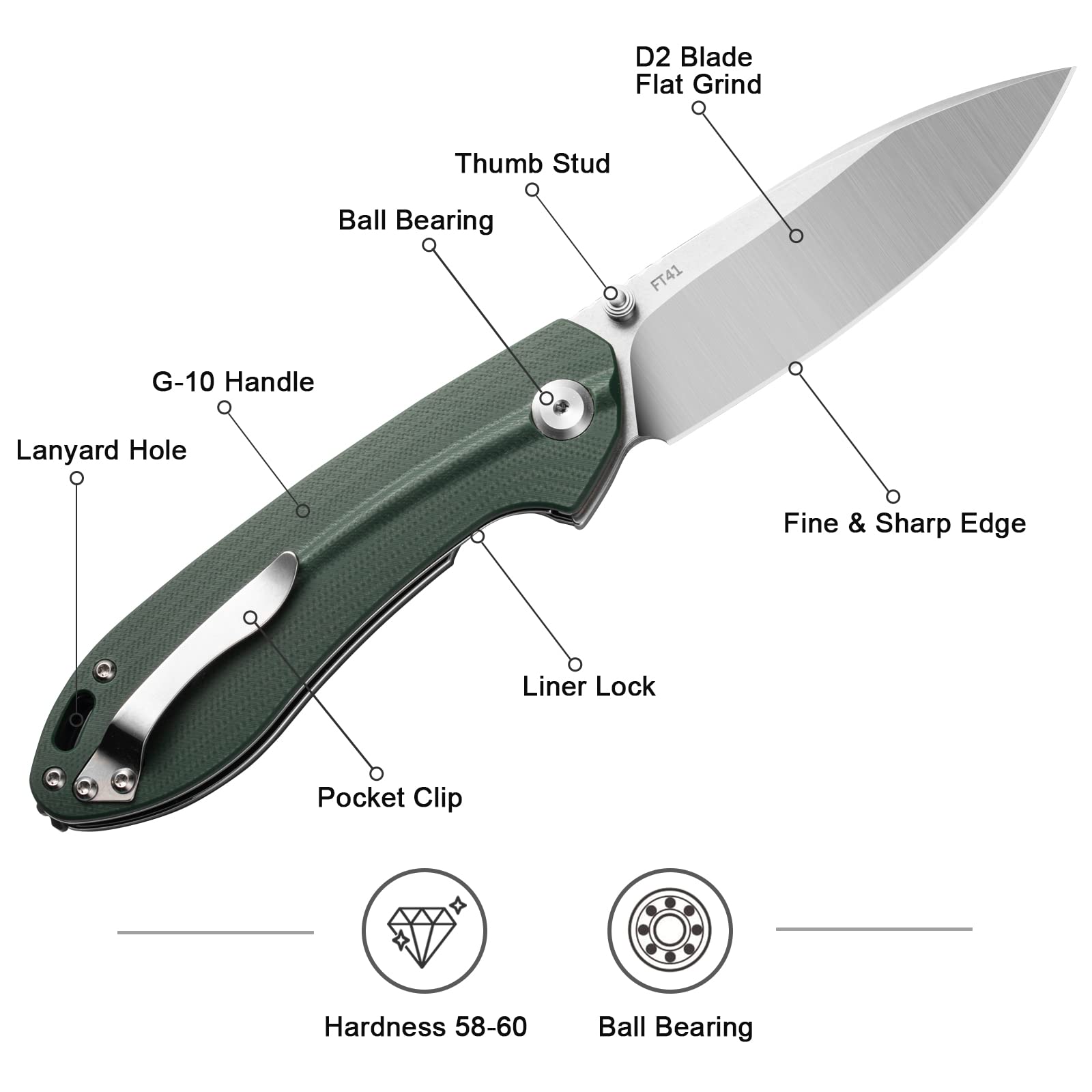 D2 Pocket Knife for Men, 3.54 inch Small Folding Knife with Clip, G10 Handle, Flip Knife with Safety Liner Lock, Sharp Pocket Knives for Camping Survival Hking and Gift (Green)