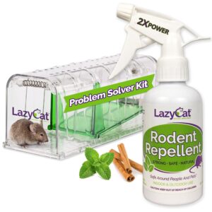 humane mouse trap & mouse repellent kit; live mouse trap catch and release kid safe & pet safe easy set for small rodents sensitive trigger plus peppermint oil mice repellent spray – reusable indoor