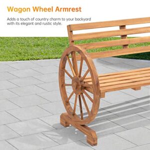 FDW Wooden Wagon Wheel Bench Outdoor Patio Furniture Lounge Furniture 2-Person Seat Bench for Backyard, Patio Garden Rustic Country Design w/Slatted Seat and Backrest,Log Color