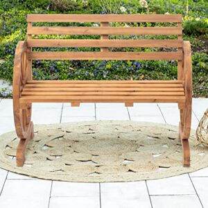 FDW Wooden Wagon Wheel Bench Outdoor Patio Furniture Lounge Furniture 2-Person Seat Bench for Backyard, Patio Garden Rustic Country Design w/Slatted Seat and Backrest,Log Color