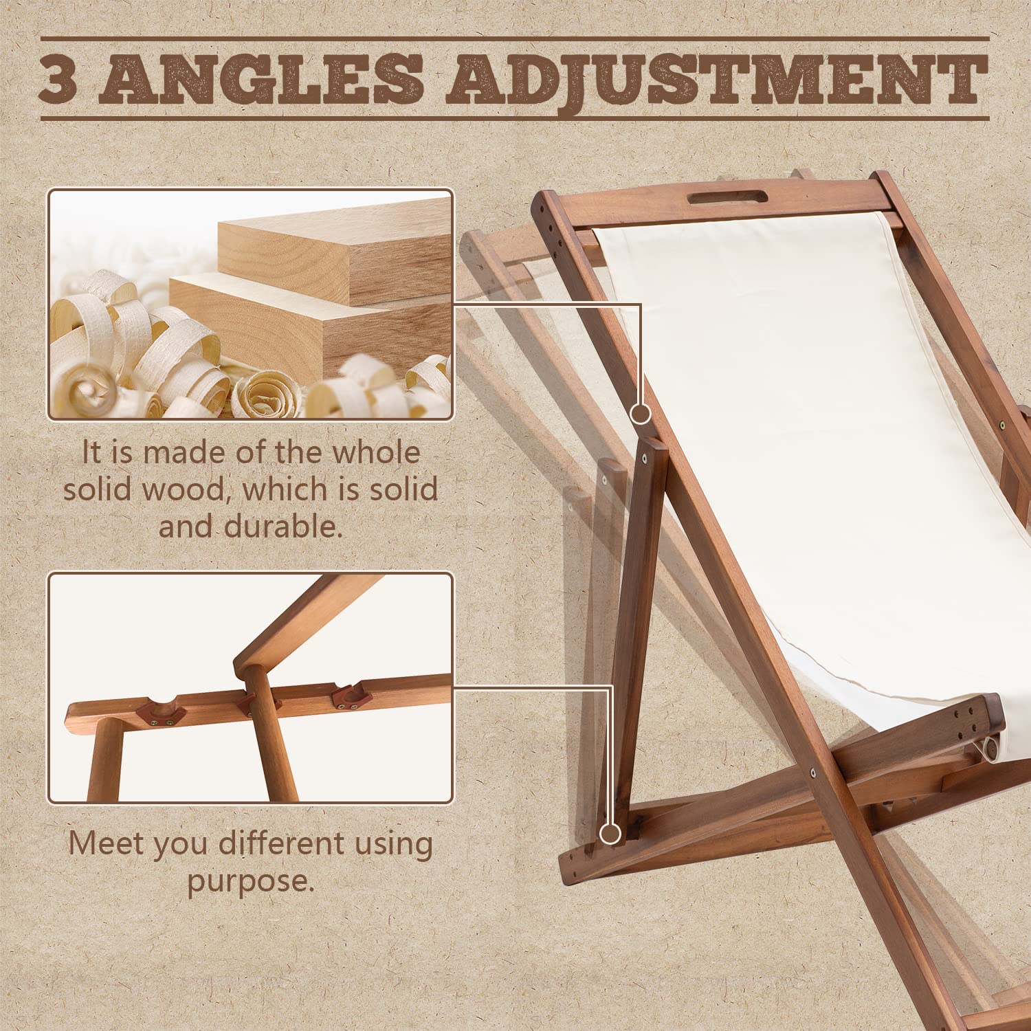 Outdoor Wooden Patio Lounge Chair 2 Set Beach Sling Chair Set Height Portable Reclining Beach Chair Solid Wood Frame with White Polyester Canvas 3 Level,Khaki