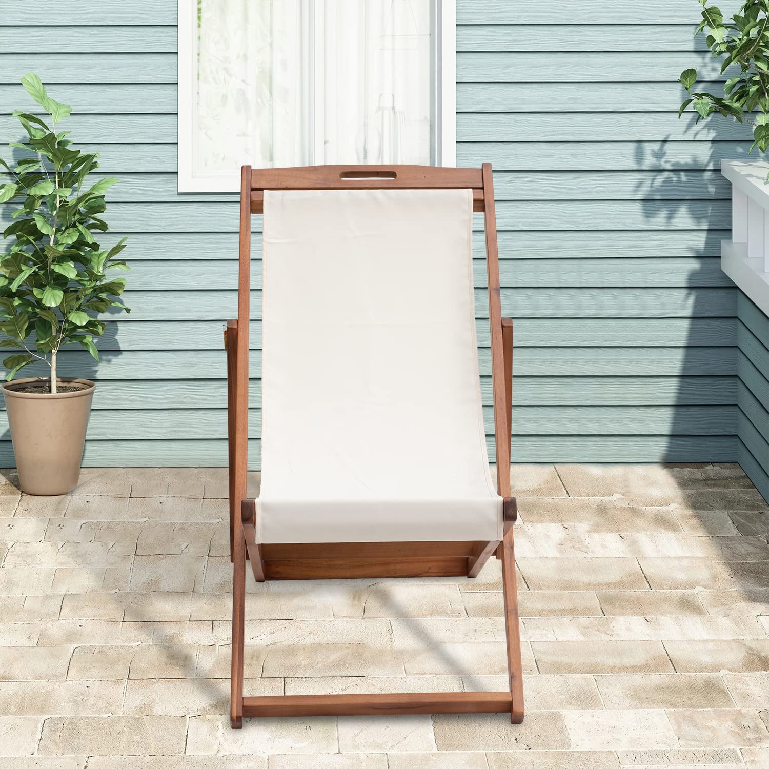 Outdoor Wooden Patio Lounge Chair 2 Set Beach Sling Chair Set Height Portable Reclining Beach Chair Solid Wood Frame with White Polyester Canvas 3 Level,Khaki