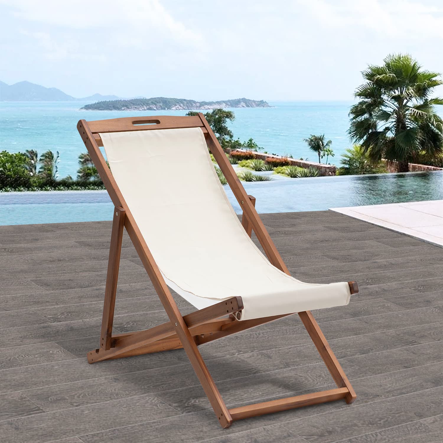 Outdoor Wooden Patio Lounge Chair 2 Set Beach Sling Chair Set Height Portable Reclining Beach Chair Solid Wood Frame with White Polyester Canvas 3 Level,Khaki