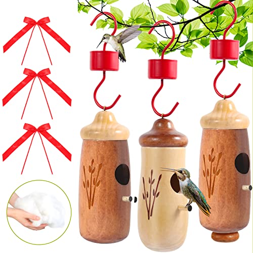 Hummingbird House with Small Feeder, FITTDYHE Natural Wooden Hummingbird Houses for Outside Hanging for Nesting, Hummingbird Swinging Hummingbird Nest Bird Houses for Garden Window Outdoor