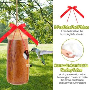 Hummingbird House with Small Feeder, FITTDYHE Natural Wooden Hummingbird Houses for Outside Hanging for Nesting, Hummingbird Swinging Hummingbird Nest Bird Houses for Garden Window Outdoor