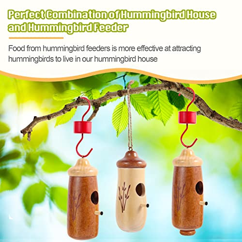 Hummingbird House with Small Feeder, FITTDYHE Natural Wooden Hummingbird Houses for Outside Hanging for Nesting, Hummingbird Swinging Hummingbird Nest Bird Houses for Garden Window Outdoor