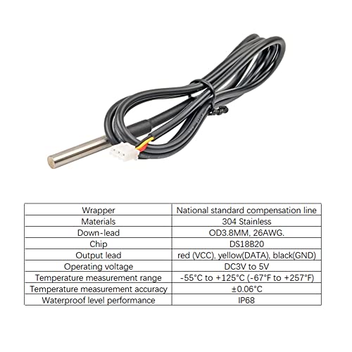 Haldzemo 3M DS18B20 Temp Sensor Waterproof Digital Stainless Steel Tube Temperature Probe 118.1 inch with XH2.54 Terminal Connector for Arduino (6 Pack)