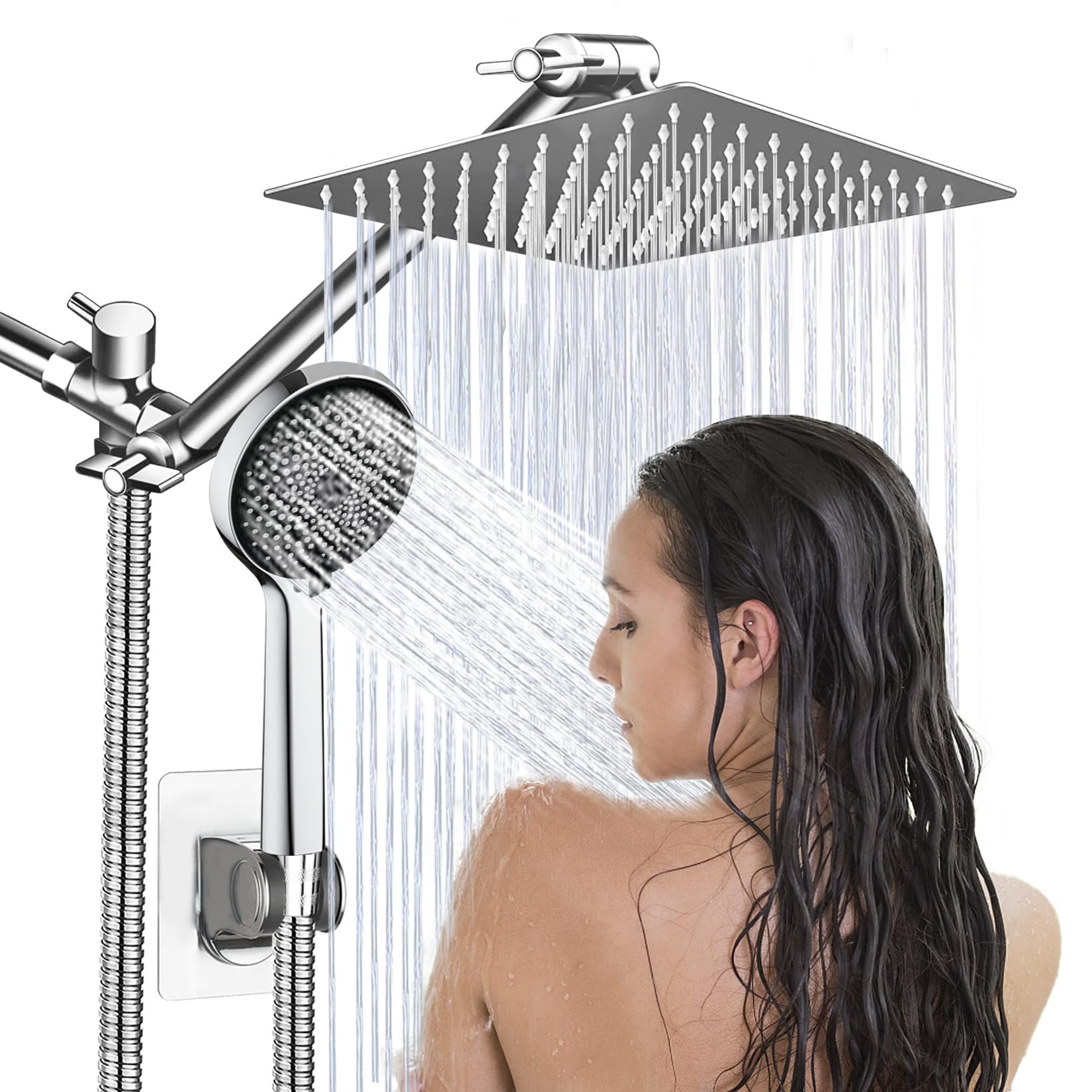 Shower Head, 8” Rain Shower Head with Handheld Spray High Pressure Rainfall with 5FT Hose, Flow Regulator, NozzleEasy to Clean Bathtub or Pets,Chrome