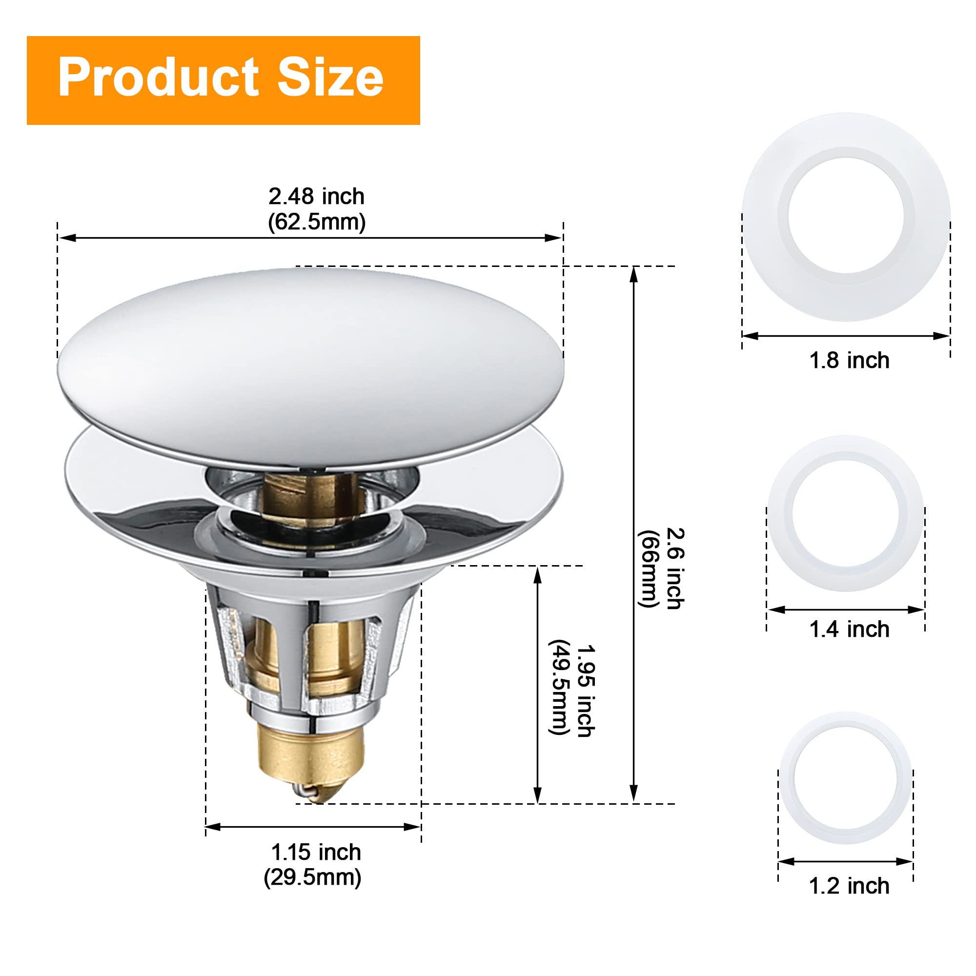 𝐓𝐈𝐎𝐑𝐈𝐘 Universal Bathroom Sink Stopper - 1.1~1.5" Sink Drain Stopper, Full-Size Bounce Bullet Type Pop Up Basin Drain Strainer, Chrome Anti-Clogging Sink Drain Filter with Hair Catcher (Silver)