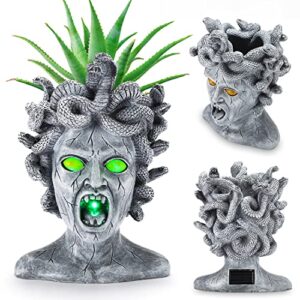 perfectop large medusa head planter, solar lights medusa garden statue, creepy scary goddess lady face flower pot succulent gothic planter for indoor outdoor plants, patio yard home decor, unique gift