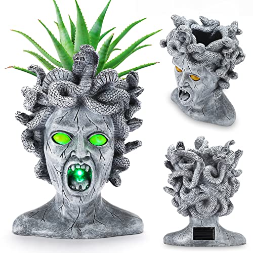 PERFECTOP Large Medusa Head Planter, Solar Lights Medusa Garden Statue, Creepy Scary Goddess Lady Face Flower Pot Succulent Gothic Planter for Indoor Outdoor Plants, Patio Yard Home Decor, Unique Gift