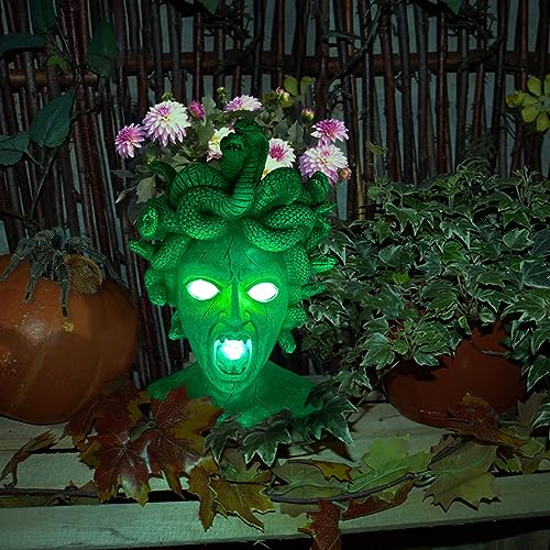 PERFECTOP Large Medusa Head Planter, Solar Lights Medusa Garden Statue, Creepy Scary Goddess Lady Face Flower Pot Succulent Gothic Planter for Indoor Outdoor Plants, Patio Yard Home Decor, Unique Gift