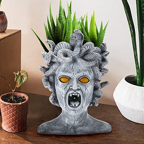 PERFECTOP Large Medusa Head Planter, Solar Lights Medusa Garden Statue, Creepy Scary Goddess Lady Face Flower Pot Succulent Gothic Planter for Indoor Outdoor Plants, Patio Yard Home Decor, Unique Gift