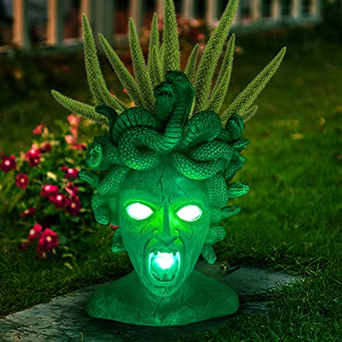 PERFECTOP Large Medusa Head Planter, Solar Lights Medusa Garden Statue, Creepy Scary Goddess Lady Face Flower Pot Succulent Gothic Planter for Indoor Outdoor Plants, Patio Yard Home Decor, Unique Gift