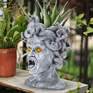 PERFECTOP Large Medusa Head Planter, Solar Lights Medusa Garden Statue, Creepy Scary Goddess Lady Face Flower Pot Succulent Gothic Planter for Indoor Outdoor Plants, Patio Yard Home Decor, Unique Gift