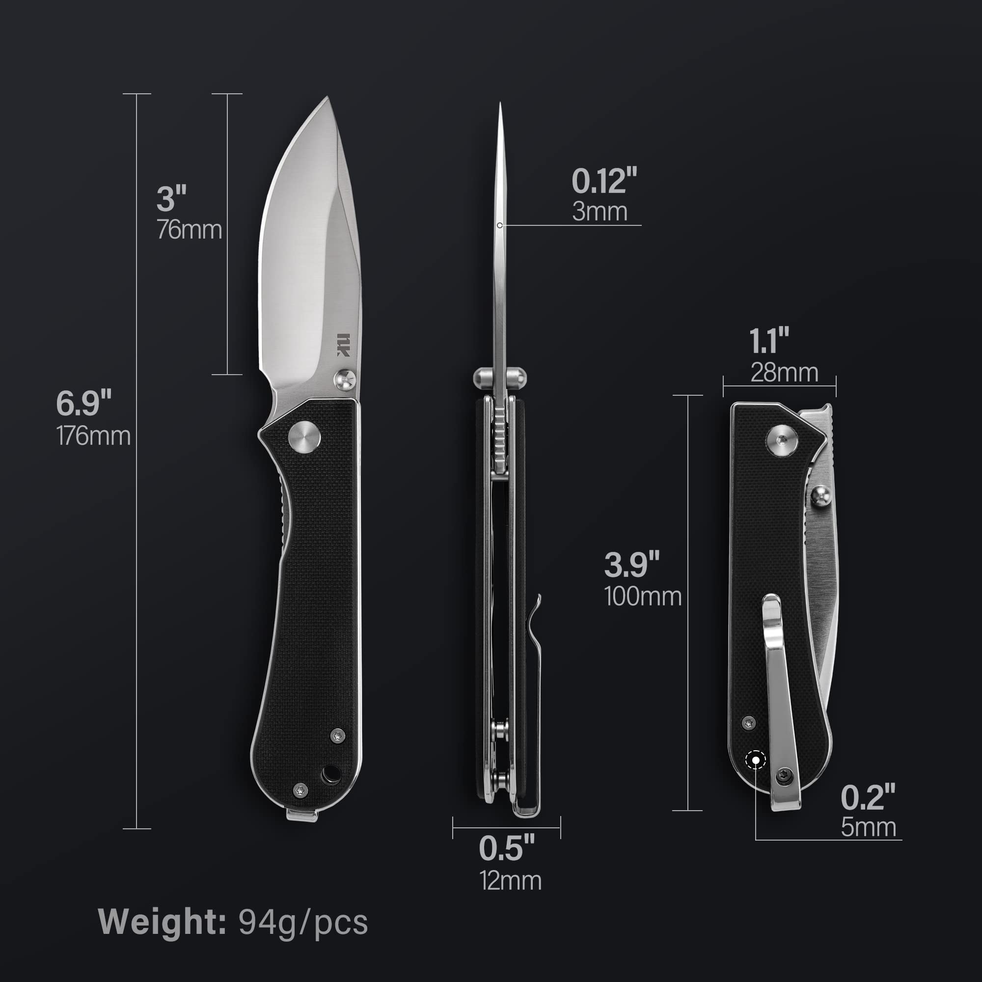 NUKNIVES S13 Kumpanter Small Folding Pocket Knife - 3 Inch D2 Folding knife and G10 EDC Pocket Knife with Clip - Pocket knives & Folding Knives for Men and Women - Black