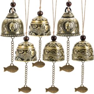 peohud 6 pieces fengshui bell, vintage wind bell, lucky blessing wind chimes, good luck dragon fish buddha hanging bell for home garden patio car door chime or decor
