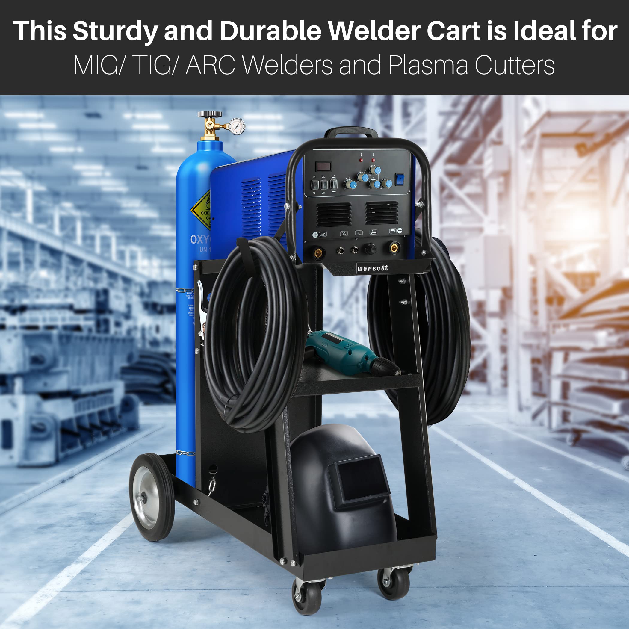 Worcest 3 Tier Welding Cart Heavy Duty Rolling Welder Carts with Storage Safety Chain Cable Hook Tank for Tig Mig Welder and Plasma Cutter Tank (3-Tier)