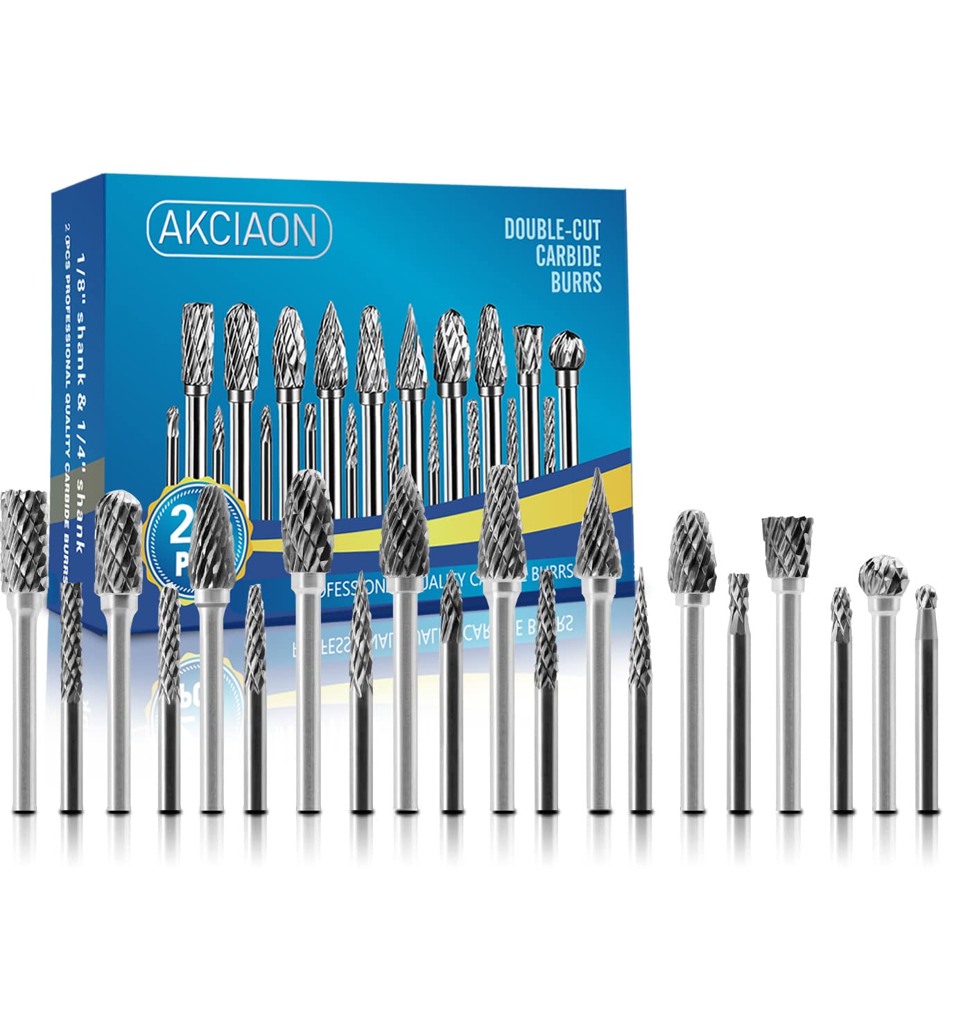 AKCIAON Carbide Burr Set 20PC Rotary Grinder Burr Bits,1/8" Shank Die Grinder Bits,Professional Tungsten Double Cutting Burrs Compatible with Dremel Carbide Bits for Metal Carving Grinding Engraving…