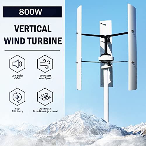 800W 48V Wind Turbine Generator VAWT 3 Blades Vertical Axis Wind Turbine Kit 2m/s Low Wind Speed Starting Wind Power Generator with MPPT Charge Controller for Off Grid System to Charge Battery