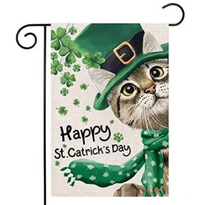 happy st patricks day garden flag for outdoor,cat with green hat scarf shamrock small yard flag,spring saint patrick decors for outside farmhouse holiday 12x18 double sided
