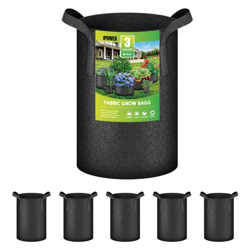 iPower 3 Gallon Heavy Duty Thickened Aeration Grow Bags Nonwoven Fabric Pots with Strap Handles Container for Gardening, 5-Pack Black