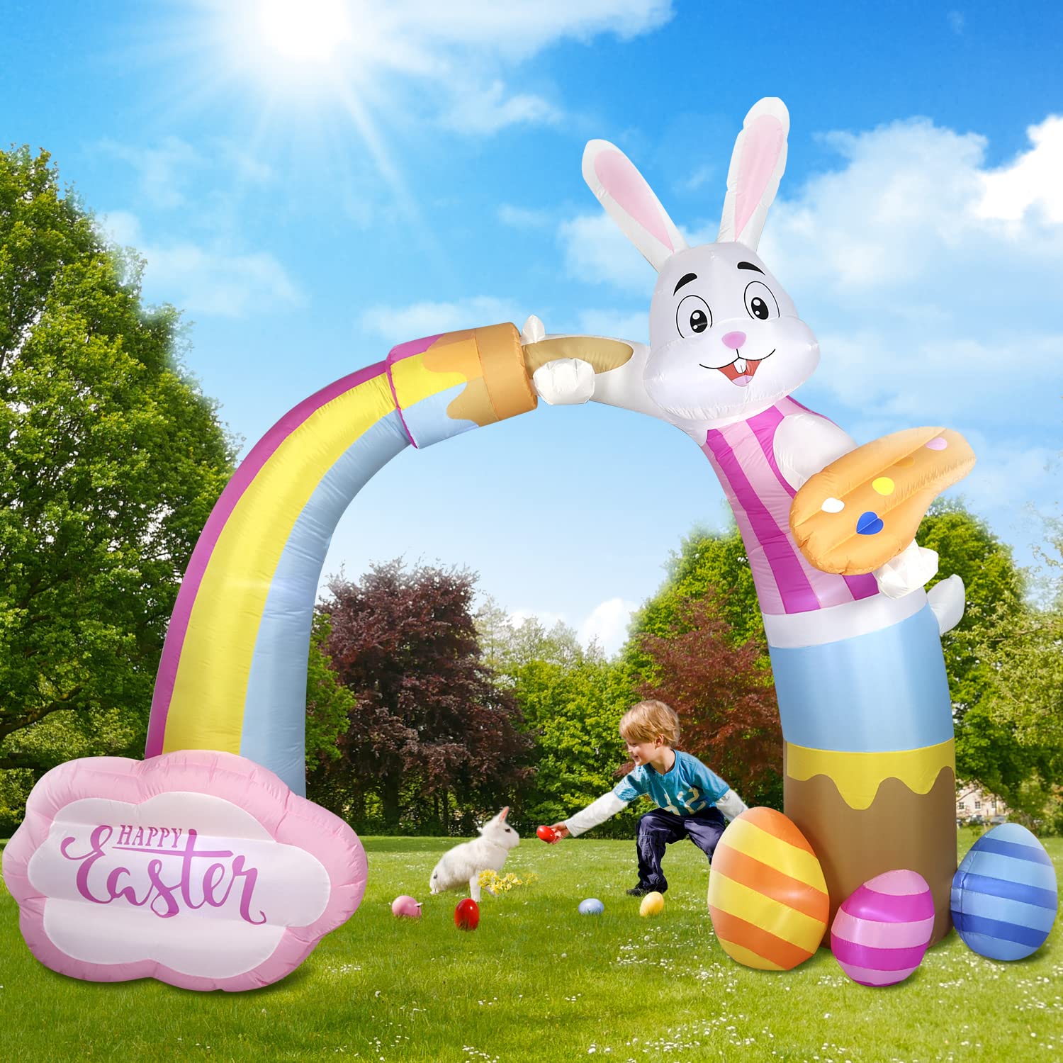 Domkom 12FT Long Huge Easter Inflatable Bunny Archway Outdoor Decorations,Build-in LED Lights Blow Up Yard Decoration, for Easter Yard Lawn Décor