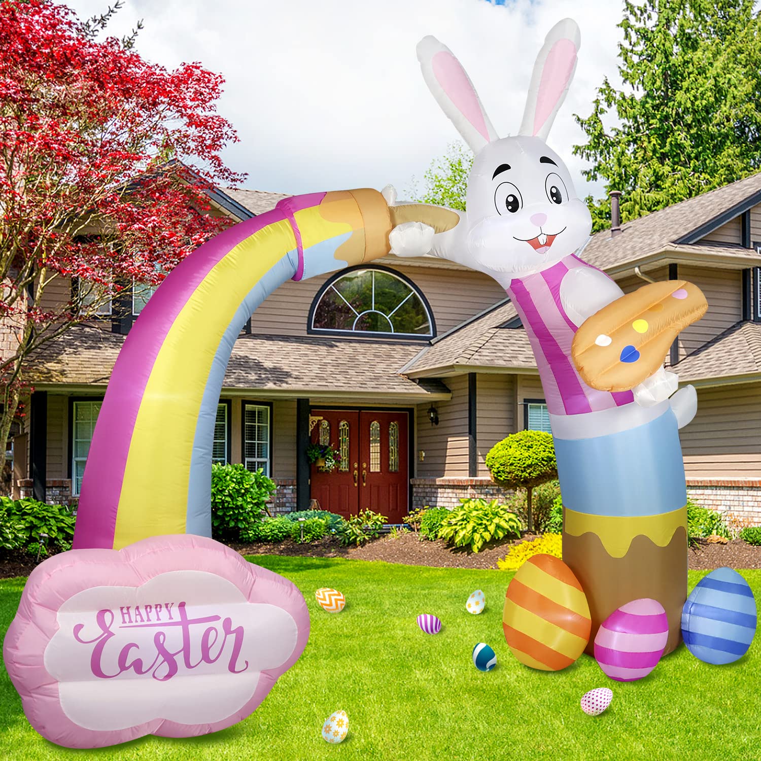 Domkom 12FT Long Huge Easter Inflatable Bunny Archway Outdoor Decorations,Build-in LED Lights Blow Up Yard Decoration, for Easter Yard Lawn Décor