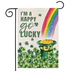 happy st patricks day garden flag 12x18 double sided,green hat with gold coin shamrock rainbow small yard flag,spring saint patrick decors for outside outdoor holiday