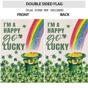 Happy St Patricks Day Garden Flag 12x18 Double Sided,Green Hat with Gold Coin Shamrock Rainbow Small Yard Flag,Spring Saint Patrick Decors for Outside Outdoor Holiday